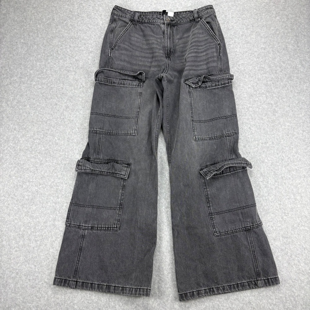 H&M Divided Cargo Jeans Womens 6 Gray Acid Wash Wide Leg Utility Pockets Denim